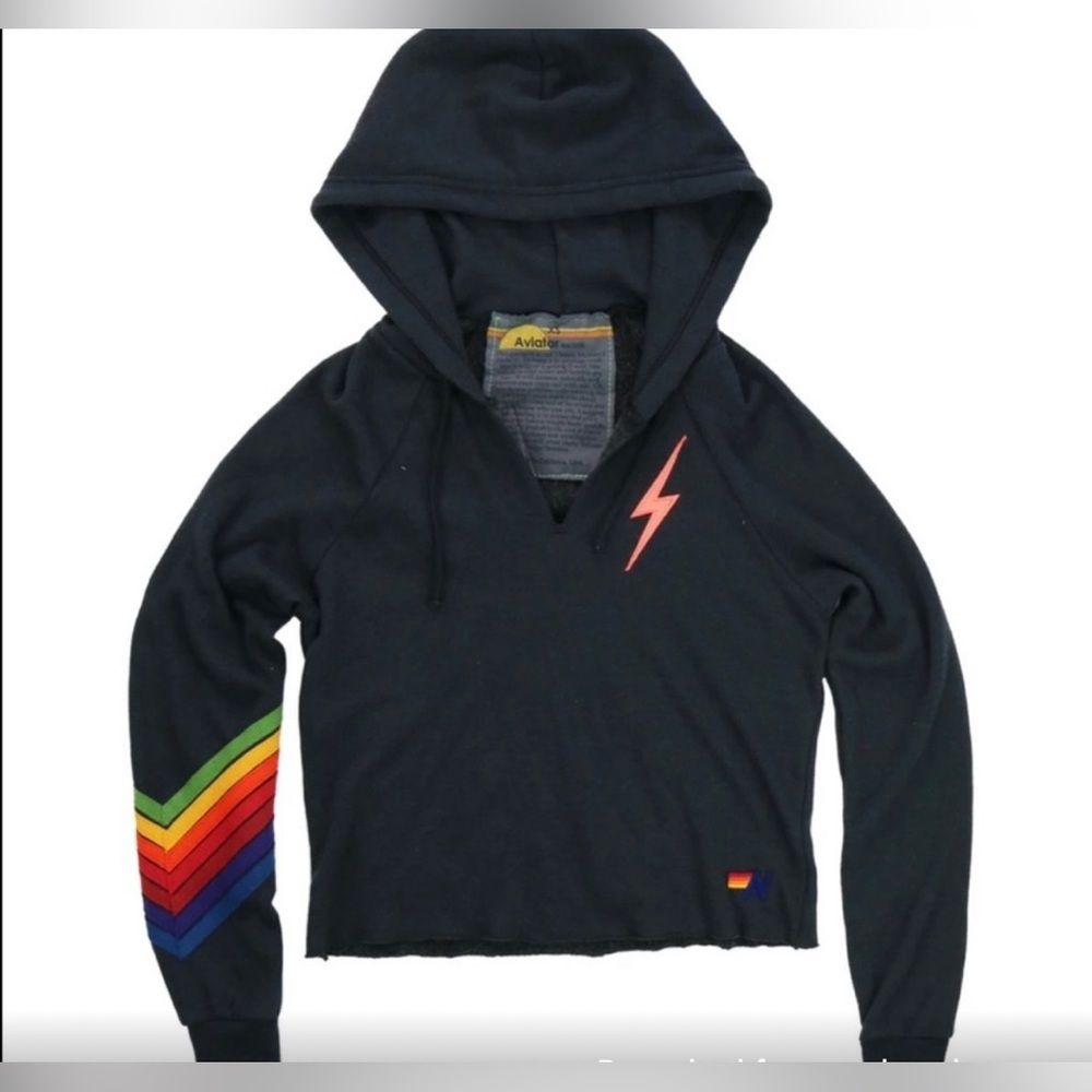 Aviator Nation Bolt Stitch Chevron6 Split Neck- Raglan Pullover Crop Hoodie Blue - Picture 1 of 8